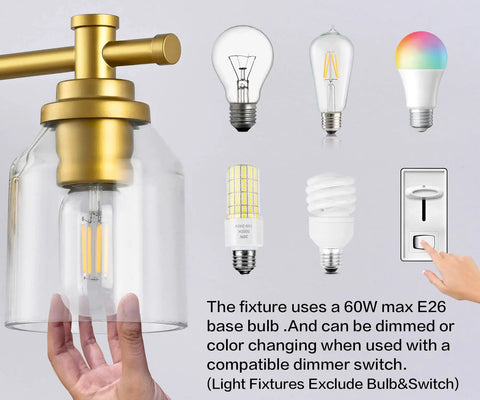 Gold Three Light Bathroom Vanity Light Fixture Over Mirror Vintage Style Wall Light With Easy Fifteen Minute Install Retro Farmhouse Vibe Gold Finish Compatible With LED Incandescent CFL And Halogen Durable Back Plate with various bulb options and dimmer switch shown.