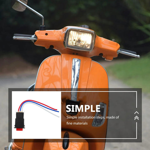 Orange scooter with headlight on, displaying Go-To Handlebar Push Button Switch For Motorcycles Electric Bikes And Scooters With Hazard Lights On Off Durable ABS Metal Construction Easy Install Quick Activation For Headlights And Warning Signals inset