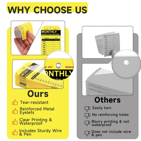 Comparison of 50 Pack PVC Fire Extinguisher Monthly Inspection Tags 4.7 By 2.3 Inches with other tags, highlighting features.