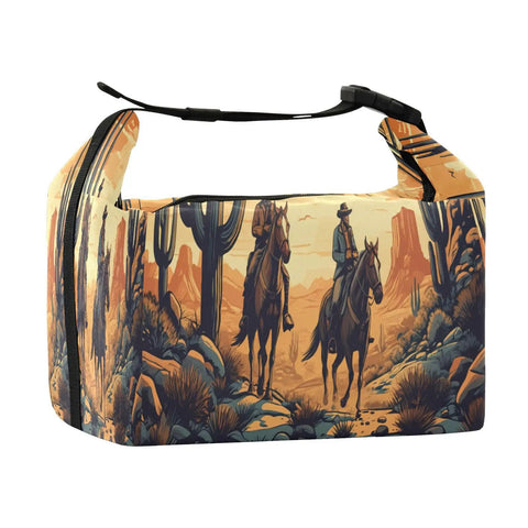 Cowboy Theme Insulated Lunch Bag For Women And Men, Large 9.4 by 6.7 by 9.8 Inch Lunch Tote with Western design illustrations
