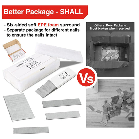 Pro Grade 18 Gauge Brad Nails Assortment 4000 Count Galvanized Nails packaging comparison showcasing better foam protection vs damage.