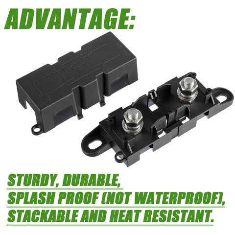 Bulletproof Mega Fuse Holder For Anm Bolt On Amp Power Management With M8 Hardware Splash Proof Setup Built Sick For Custom Car Rigs And High Output Stereo Installations, showing sturdy matte black fuses.