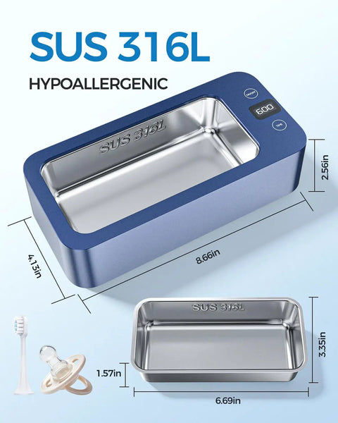 Heavy Hitter Ultrasonic Jewelry Cleaner With Triple Frequency Waves For Shiny Chains And Wristwatches Slick 316 Steel Tub dimensions and details