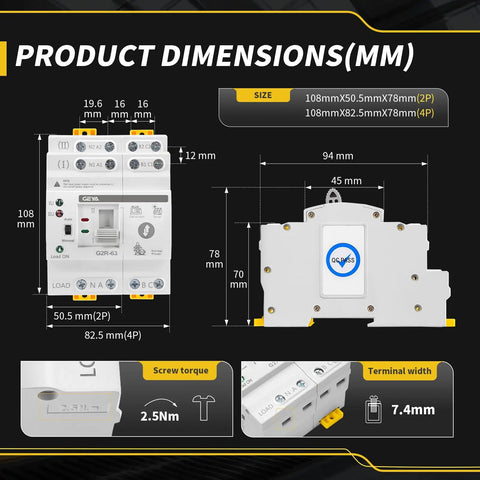 Dual Power Transfer Switch For UPS With Auto And Manual Modes No Fuss Setup Over Voltage And Under Voltage Protection Solar Ready DIN Rail Mount 2P 63A AC 110V Uninterruptible Power Supply Safety And Fast Source Switching dimensions diagram