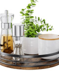 9 Inch Lazy Susan Turntable Organizer with spices and plants on wood spinning shelf for kitchen and countertop decor.
