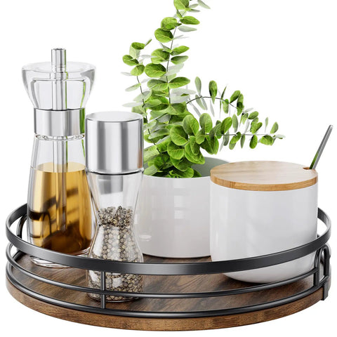 9 Inch Lazy Susan Turntable Organizer with spices and plants on wood spinning shelf for kitchen and countertop decor.