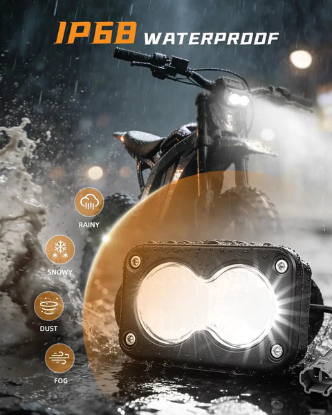 3 Inch White 6000 6500K Headlight Kit With Spot Flood Beam for dirt bikes in rainy conditions, waterproof design with backlit switch.