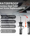 Sturdy Four Piece Toilet Seat Bolt Kit Crafted From Top Shelf 304 Stainless Steel For Hassle Free Bathroom Upgrades And Dead Set Reliable Mounting Power To Keep Your Seat Locked Down Tight Year Round shown with screws and installation.