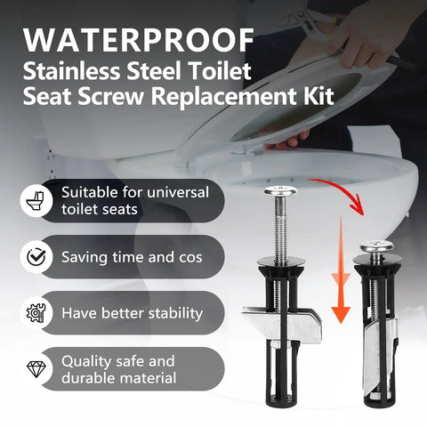 Sturdy Four Piece Toilet Seat Bolt Kit Crafted From Top Shelf 304 Stainless Steel For Hassle Free Bathroom Upgrades And Dead Set Reliable Mounting Power To Keep Your Seat Locked Down Tight Year Round shown with screws and installation.
