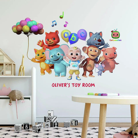 Cocomelon Giant Peel And Stick Wall Decals With Alphabet, 134 Piece Set For Kids Room Decor on smooth wall in toy room