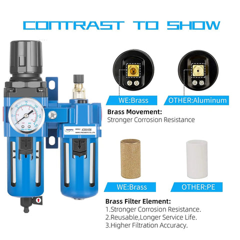 Three Eighths NPT Compressed Air Filter Regulator Lubricator Combo with Brass and Aluminum Comparison