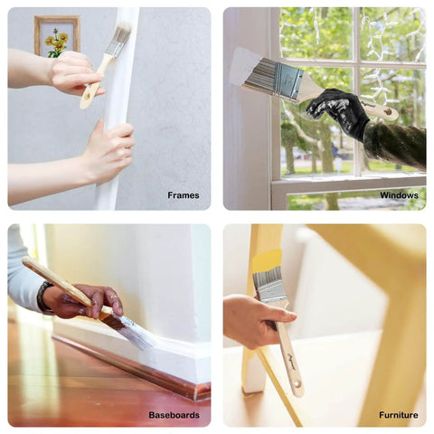 Wood Stain Brush Set With Angled Sash And Flat Brushes For Baseboards Trim Cabinets And Fence Staining In One 5 Pack Perfect For Oil Based Or Varnish Coatings Indoor And Outdoor Home Projects shown on frames, windows, baseboards, and furniture.