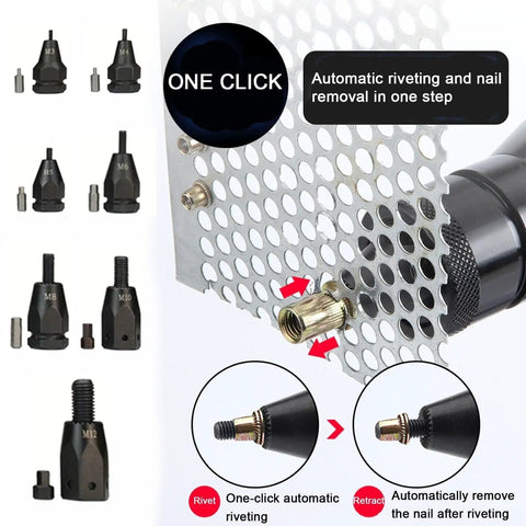Brushless Cordless Rivet Nut Tool Electric Pull Riveter Gun With M3 To M12 Threads showing multiple sizes of rivet nuts on a perforated metal panel.