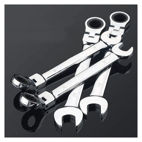 Flexible Ratchet Spanner Set 11 To 32mm With Combination Head Wrench displayed on black surface