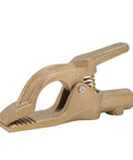 Sturdy Brass A Shaped Welding Ground Clamp With High 300 Amp Conductivity For Heavy Duty Stick And Arc Welder Jobs That Get Tough And Need Reliable Power Connections Every Time shown from the side.