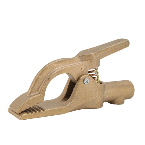 Sturdy Brass A Shaped Welding Ground Clamp With High 300 Amp Conductivity for Heavy Duty Stick And Arc Welder Jobs. Close-up view.