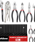 Essential 10 Piece Pliers And Wrench Set With Storage Rack Includes Locking Long Nose Pliers Diagonal Cutters Groove Joint Pliers Linesman And Mini Pliers Carbon Steel Tool Kit For DIY And Home Use Handyman Gift For Him. Product displayed with tools arranged above a black storage rack.