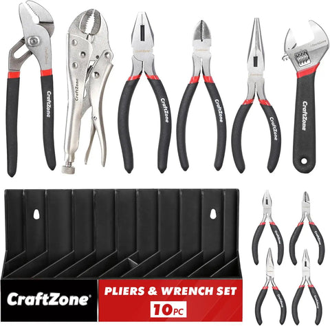 Essential 10 Piece Pliers And Wrench Set With Storage Rack Includes Locking Long Nose Pliers Diagonal Cutters Groove Joint Pliers Linesman And Mini Pliers Carbon Steel Tool Kit For DIY And Home Use Handyman Gift For Him. Product displayed with tools arranged above a black storage rack.