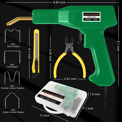 Upgraded Plastic Welder Kit With Rapid Heating, 1000 Staples Kit showing welder gun, staples, and tools with dimensions.