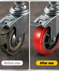 Before and after image of worn and new 6 Inch Polyurethane Caster Wheel Set Of Four Heavy Duty Load Capacity 4000 Lbs for flatbed carts and trolleys.