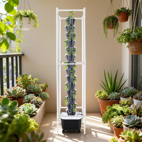 Vertical Hydroponic Garden Tower With 70 Pods And 14 Tiers, 8 LED Light Strips for Indoor Herb Growth in a sunlit balcony setup
