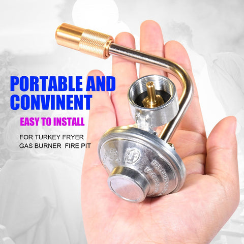 Person holding Blackstone Griddle Regulator Replacement for 17 Inch and 22 Inch Tabletop Griddles, plug and play for propane tank.