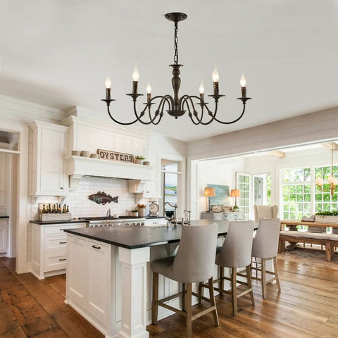 Six Light Black Farmhouse Chandelier With Rustic Industrial Iron Build Modern Metal Candle Style Ceiling Light For Living Room Dining Room Kitchen Island And Bedroom Vibe Upgrade over rustic kitchen island