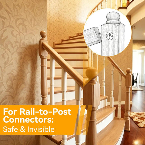 8 Piece Newel Post Fastener Hardware Kit With Aluminum Sliders And 304 Stainless Steel Fixing Screws For Stair Railings, No Fuss Easy Install Mounting System For Quick Home Improvement. Wooden stair railing with hidden rail-to-post connector