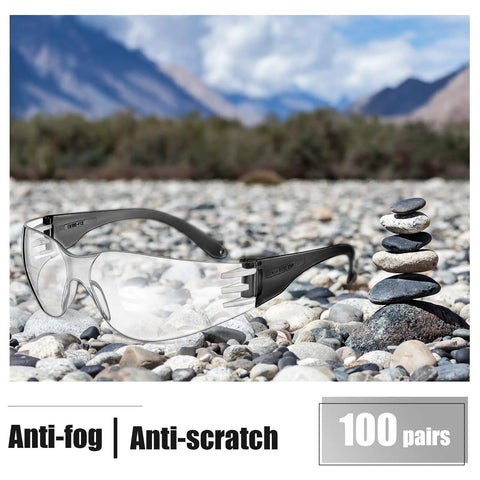 Clear safety glasses with dark arms on rocky landscape, 100 Pairs Clear Safety Glasses Bulk For Group Use In Lab And Workshop