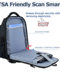 17.3 Inch Travel Laptop Backpack With TSA Friendly Layout, open to show padded laptop compartment and document holder