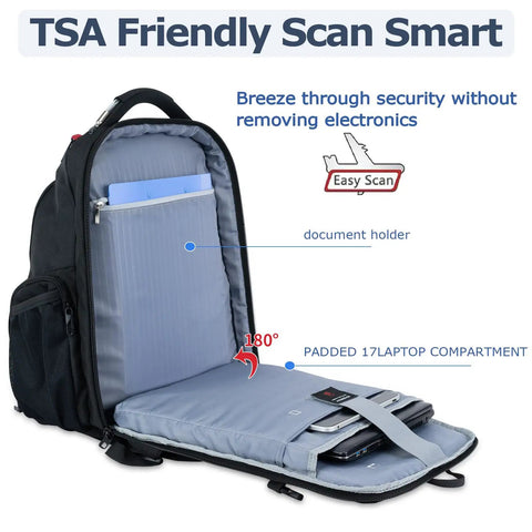17.3 Inch Travel Laptop Backpack With TSA Friendly Layout, open to show padded laptop compartment and document holder
