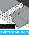 Diagram of 6 Inch Gutter Hangers Kit with 60 Pcs Preinserted Quick Screw Clips Hidden Bracket for gutter installation.