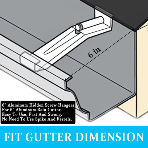 Diagram of 6 Inch Gutter Hangers Kit with 60 Pcs Preinserted Quick Screw Clips Hidden Bracket for gutter installation.