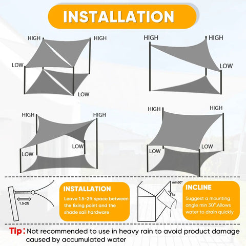 Installation guide for 12x16 Ft Dark Grey Waterproof Rectangular Sun Shade Sail for Outdoor Living with UV Protection Up to 95 Percent