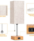 Set Of 2 Wood Table Lamps For Bedroom With 3 Color Modes Warm White Soft White Daylight White Pull Chain Nightstand Lamps With AC Outlets Compact Bedside Lights With 2 Bulbs For Living Room Kids Room Office Decor featuring beige shade, pull chain, wood base, and AC outlet
