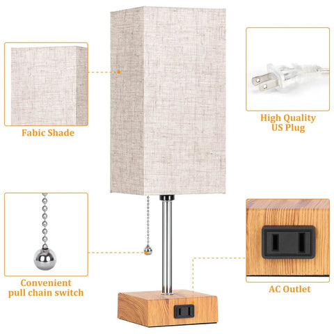 Set Of 2 Wood Table Lamps For Bedroom With 3 Color Modes Warm White Soft White Daylight White Pull Chain Nightstand Lamps With AC Outlets Compact Bedside Lights With 2 Bulbs For Living Room Kids Room Office Decor featuring beige shade, pull chain, wood base, and AC outlet