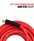 Built Tough 50 Feet Heavy Duty Rubber Air Hose For Compressors 3/8 Inch Thick handles up to 300 psi, red with brass end.
