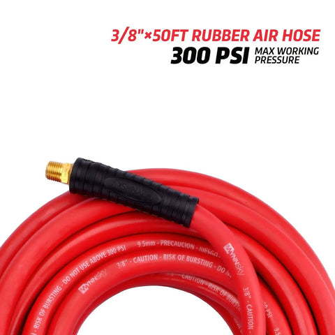 Built Tough 50 Feet Heavy Duty Rubber Air Hose For Compressors 3/8 Inch Thick handles up to 300 psi, red with brass end.