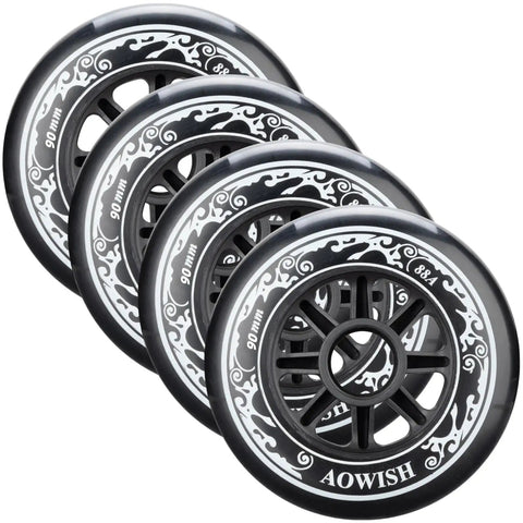 90 Millimeter Inline Skate Wheels For Speed Skating, 88A Outdoor Replacement Wheels, Set Of Four, Grippy Long Lasting Black Wheels