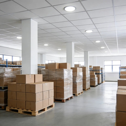 Warehouse with stacked boxes and pallets for Industrial Workhorse Push Button Switch 2.5A at 250VAC Or 5A at 125VAC