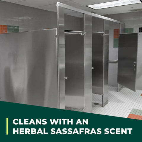 Industrial Cleaner And Degreaser Concentrate For Heavy Duty Grime Remover in restroom with stainless steel stalls