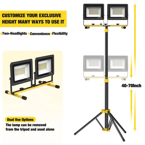 Ultra Bright LED Work Light With Stand Dual Head Adjustable Flood Light Waterproof Tripod 16.5 Ft Cord Great For Outdoor Job Sites