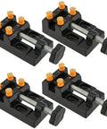 Set of Four Piece Mini Bench Vise Clamp Set With Universal Adjustable Table Vise For Drill Press Jewelry Making Watch Repair Sculpting Projects Heavy Duty Black, features black vise clamps with orange knobs and silver screws.