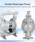 Two gray air-operated double-diaphragm pumps with 1/2-inch outlet; metal body, side and front views