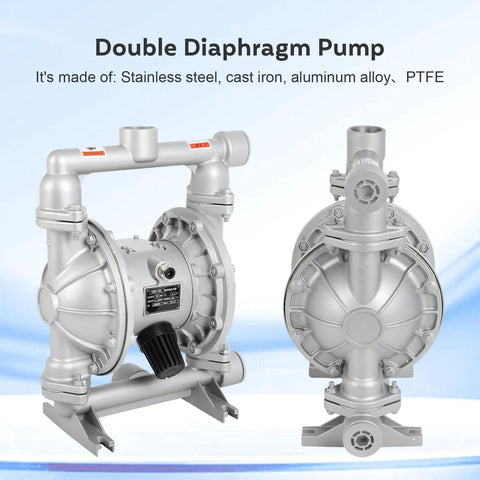 Two gray air-operated double-diaphragm pumps with 1/2-inch outlet; metal body, side and front views