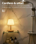 Cordless LED Wood-Grain Table Lamp With Waterproof Shower Design on bathroom shelf