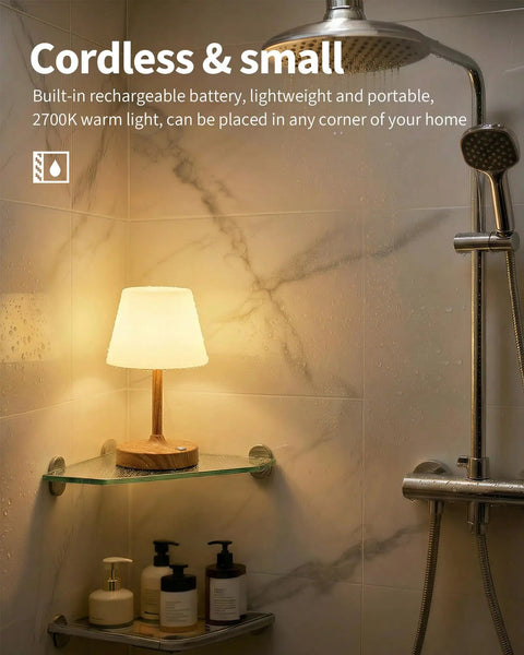 Cordless LED Wood-Grain Table Lamp With Waterproof Shower Design on bathroom shelf