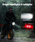 Rider on 2000W Fat Tire Electric Bike With Removable 48V 25Ah Battery showcasing bright headlights and taillights