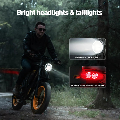 Rider on 2000W Fat Tire Electric Bike With Removable 48V 25Ah Battery showcasing bright headlights and taillights