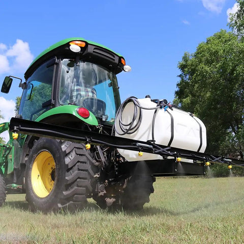 Tractor with sprayer tank using Beefy 4.0 GPM 12V Diaphragm Pump With Half Inch NPT Ports, ideal for farm use